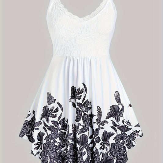Floral Print Spaghetti Dress Sleeveless Ruched Lace Trim Casual Dress