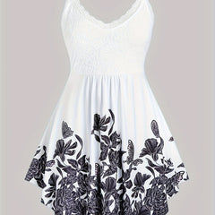 Floral Print Spaghetti Dress Sleeveless Ruched Lace Trim Casual Dress
