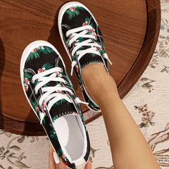 Flower Printed Canvas Lace-up Sneakers Low Top Casual Flat Shoes