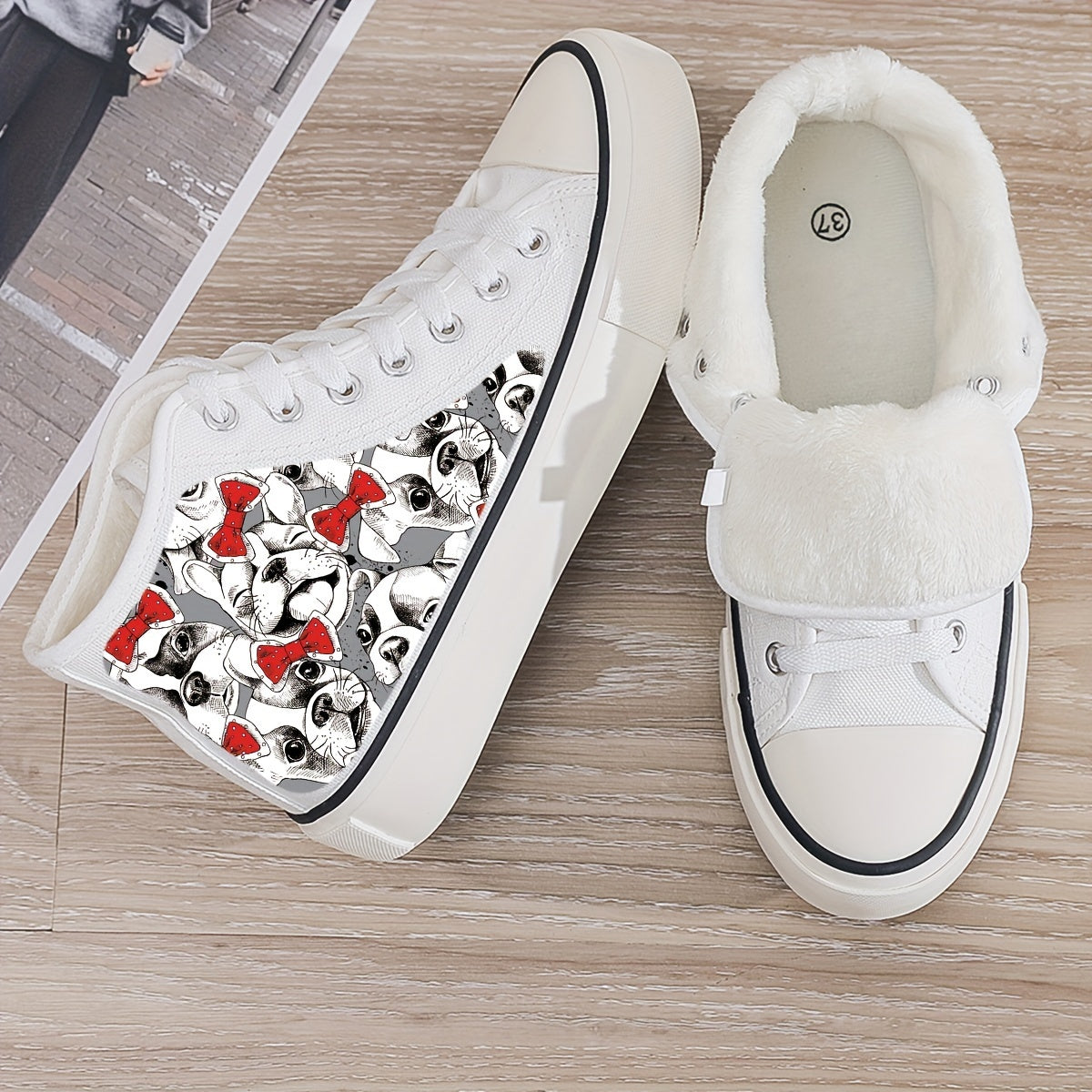 Puppy Print Plush Lined Chunky Sneakers Fall Winter Warm