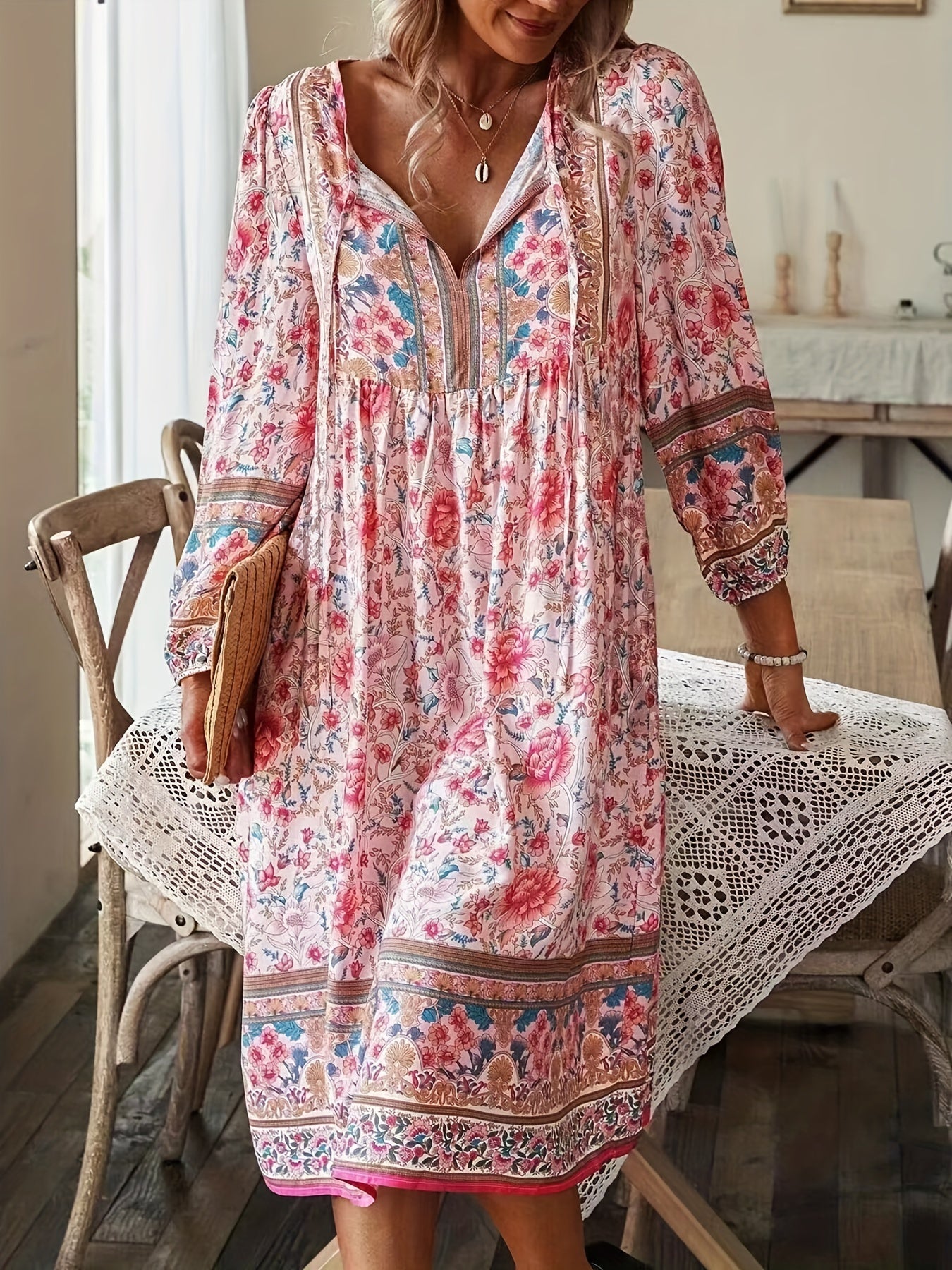 Floral Print Tie Neck Dress Boho Long Sleeve Dress For Spring