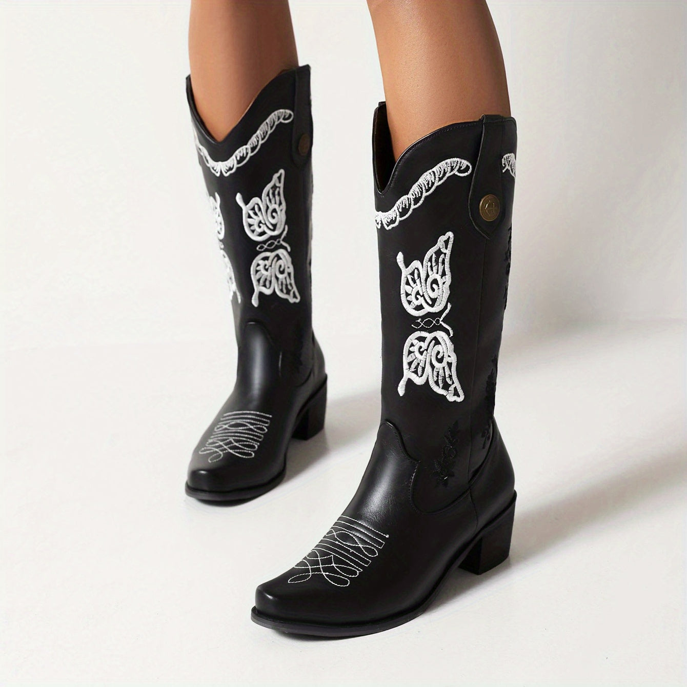 Women's Butterfly Embroidery Cowboy Boots Pull On Mid Calf Boots