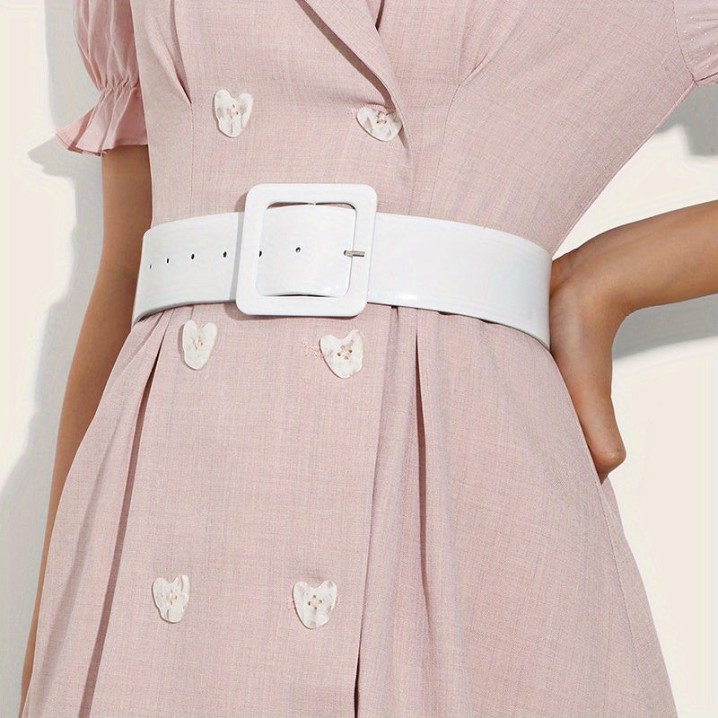 Bright PU Leather Wide Belt with Square Pin Buckle for Women