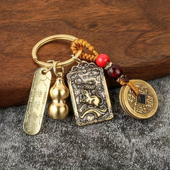 Retro Zodiac Gourd Fengshui Coin Pendant Keychain Lucky Brass Pendant