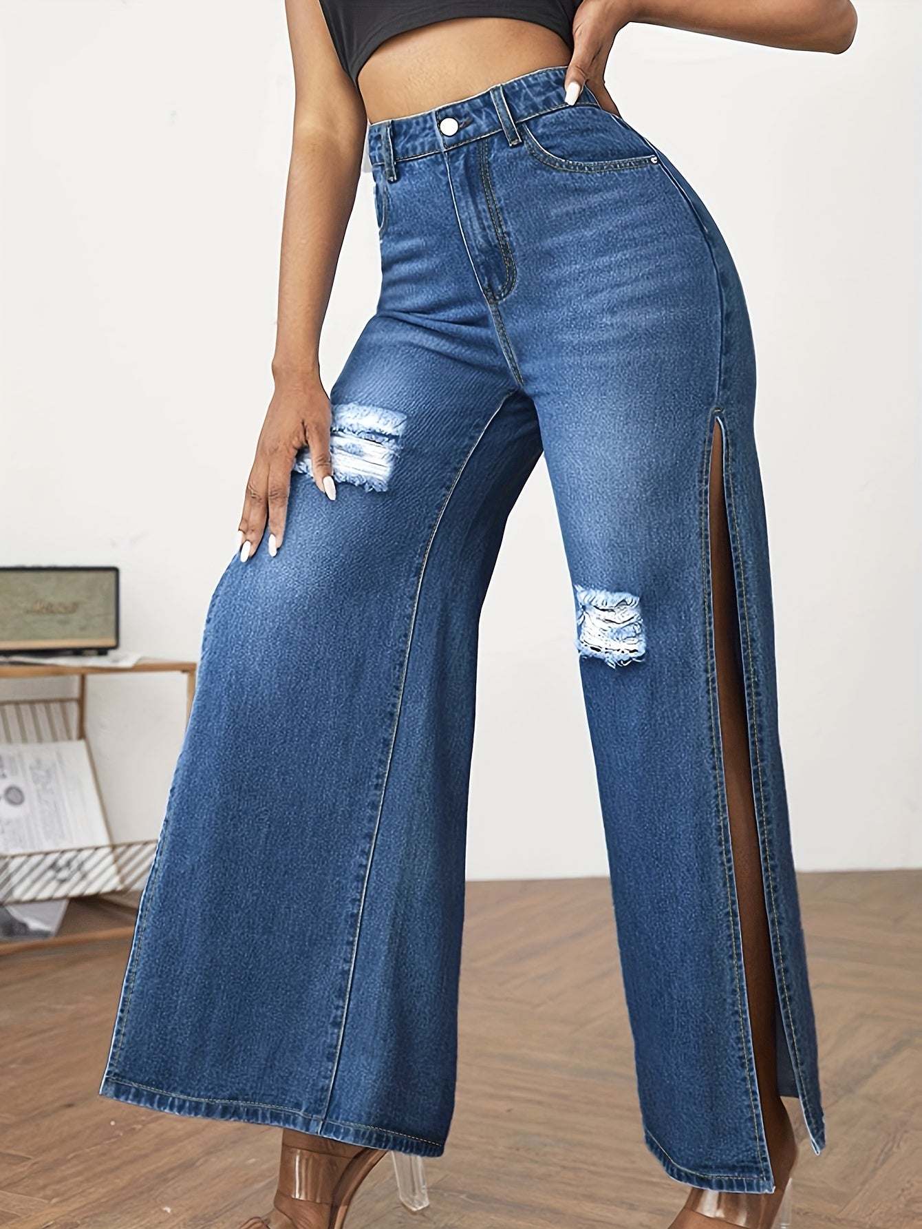High Waist Split Denim Pants Distressed Wide Legs Jeans