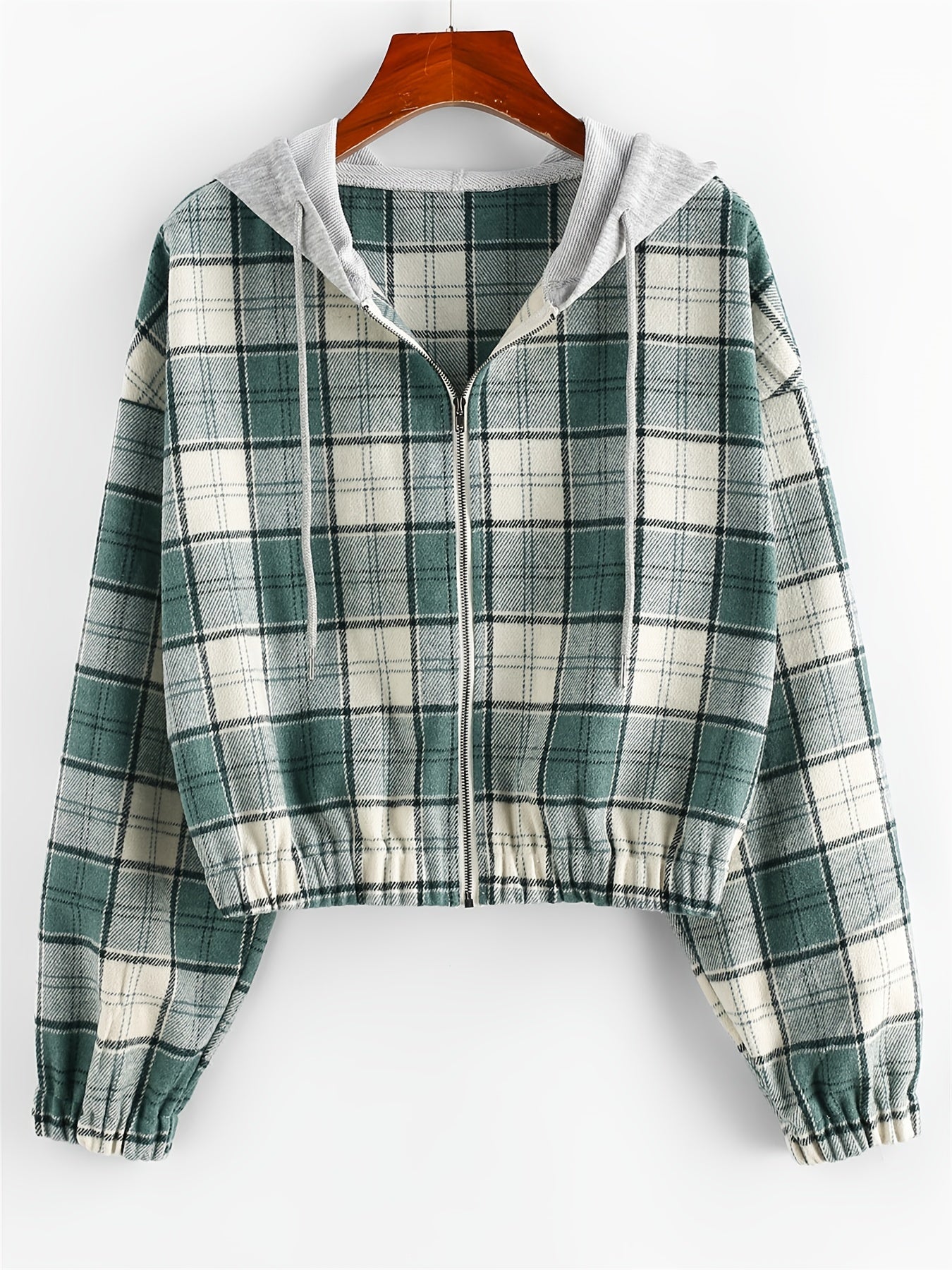 Plaid Crop Jacket Hooded Zipper