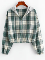 Plaid Crop Jacket Hooded Zipper