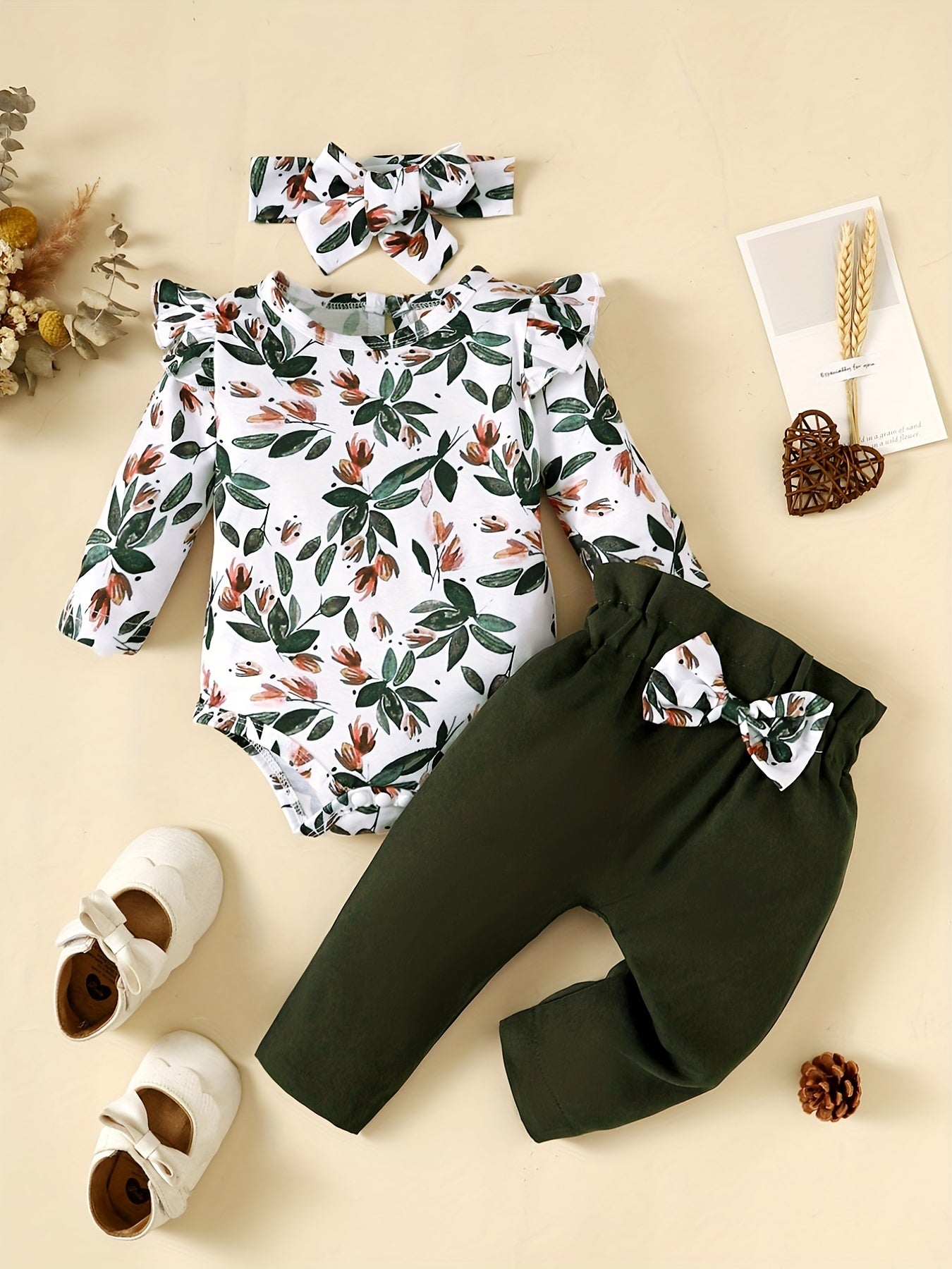 Baby Girl Floral Romper & Pants Set with Headband