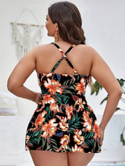 Women's Plus Size Vacay Tankini Set Tropical Print Lace Crisscross Back Dress