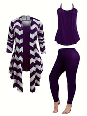 Women's Plus Wave Trim Long Sleeve Coat & Top & Leggings Set