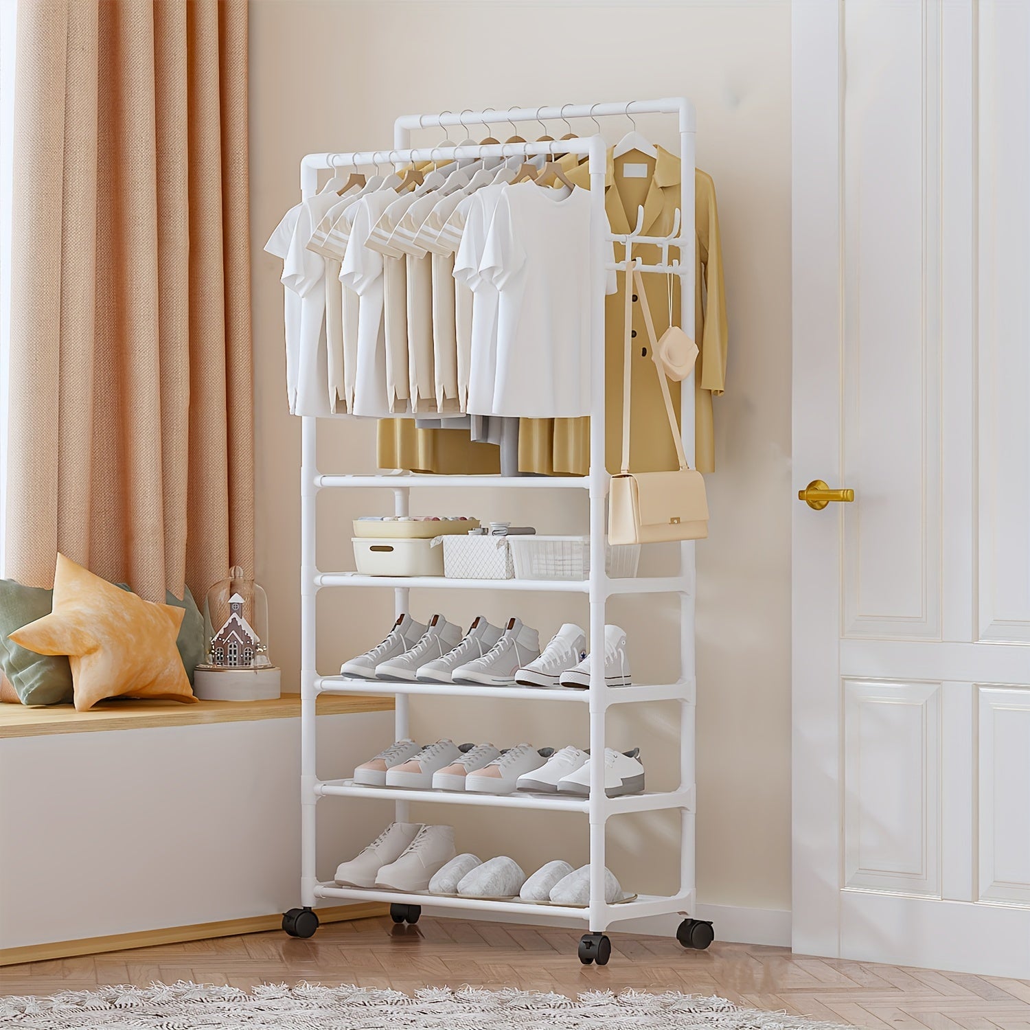 Double Pole Coat Rack Movable 5 Layer Clothes Rack