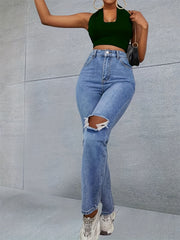 Neon Green Star Print Patch Pocket Straight Leg Jeans Ripped High Rise Washed