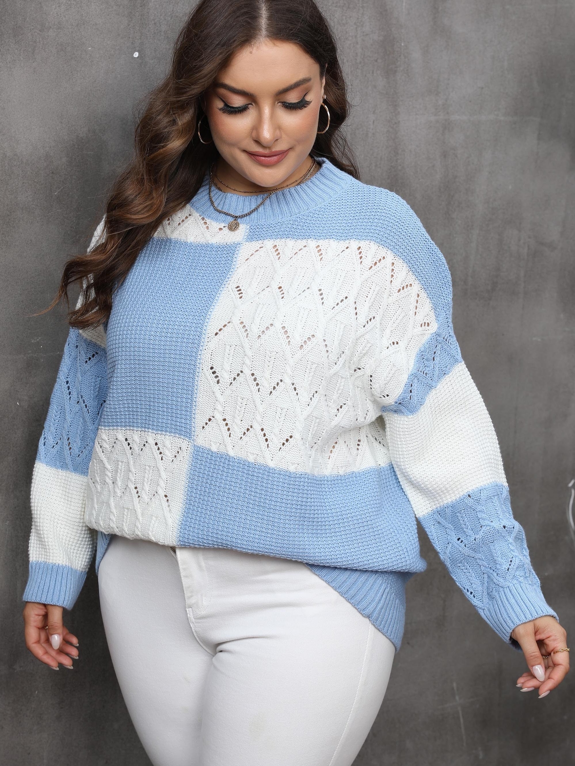 Colorblock Plaid Print Long Sleeve Sweater