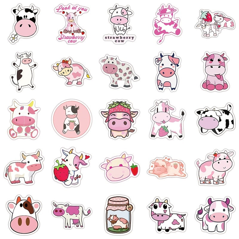 50-100 Pink Cow Stickers Stylistic Cartoon Waterproof Decorative Stickers