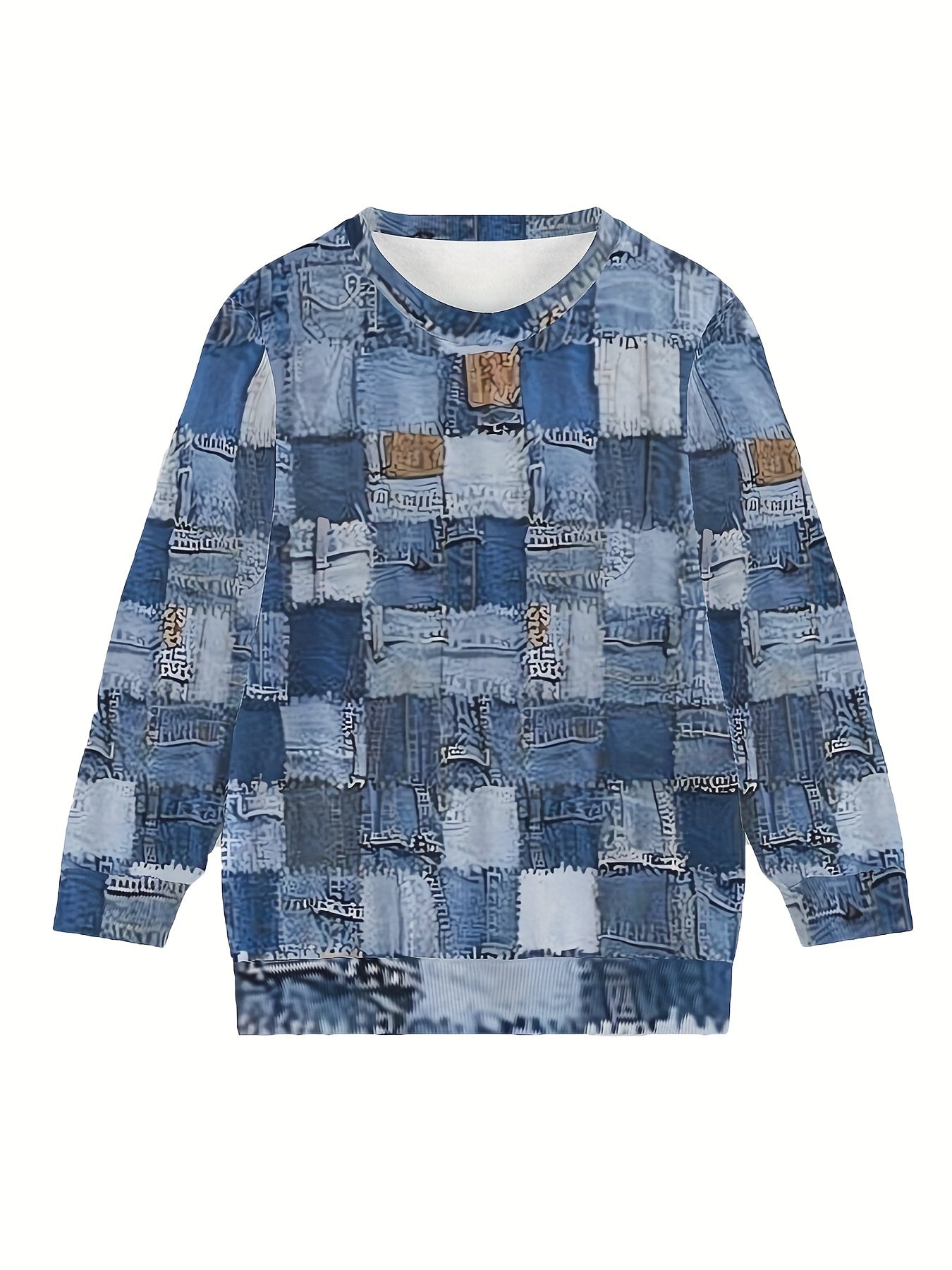 Patchwork Print Crew Neck Sweatshirt for Women