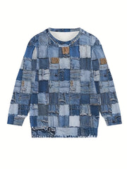 Patchwork Print Crew Neck Sweatshirt for Women