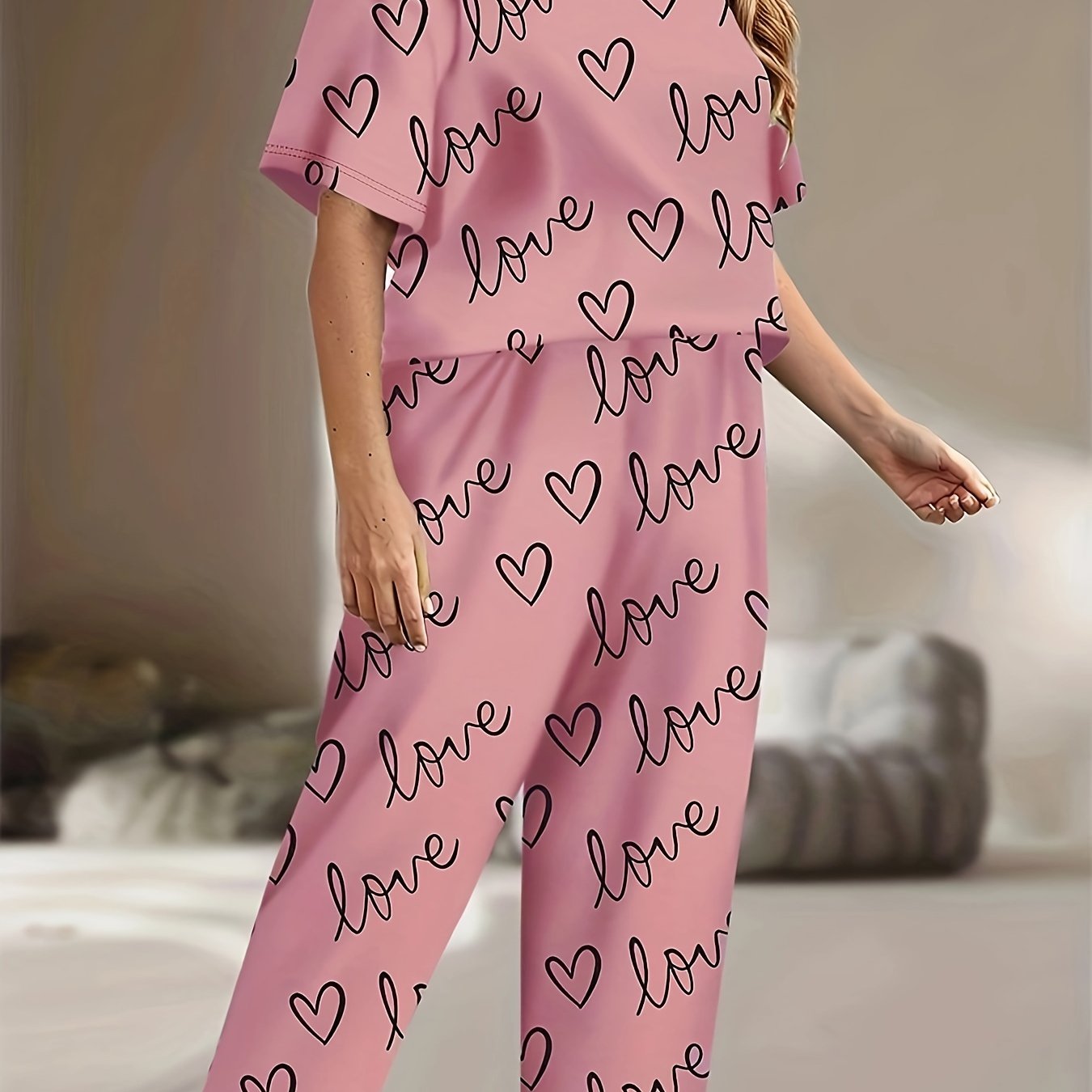Pajama Set Women's Heart & Letter Print Tee & Pants 2 Piece