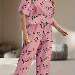Pajama Set Women's Heart & Letter Print Tee & Pants 2 Piece