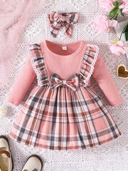 Baby Girl Ruffle Trim Plaid Dress Headband Set
