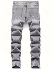 Smiling Face Regular Fit Jeans Men's Distressed Denim Pants
