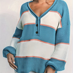 Stripe Print Button Up Lantern Sleeve V Neck Pullover Jumper
