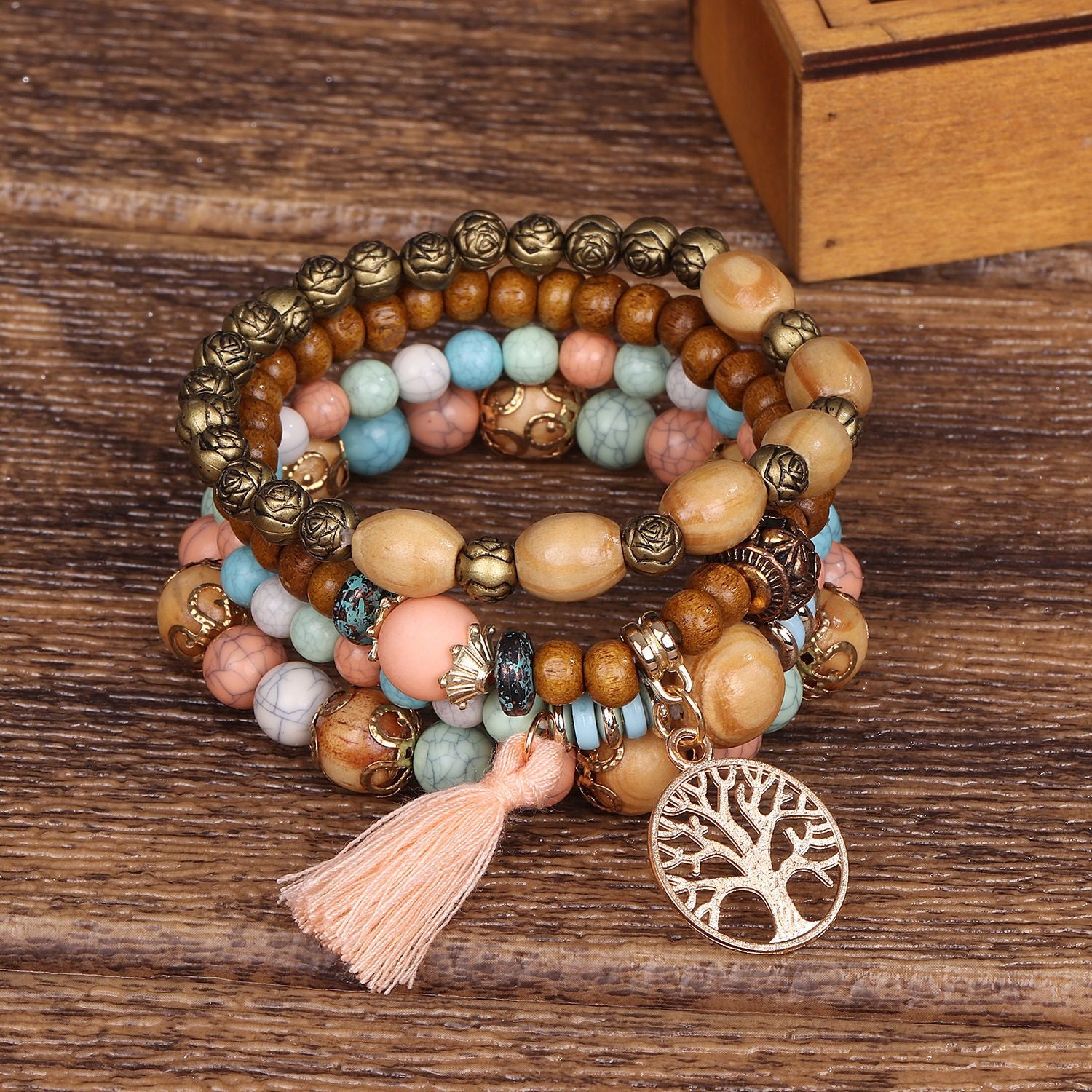 Boho Tree & Tassel Charm Beaded Bracelet Set