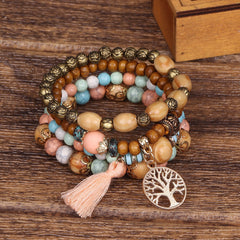 Boho Tree & Tassel Charm Beaded Bracelet Set