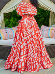 Women's Plus Colorblock Off Shoulder Crop Top & Maxi Smock Skirt Set