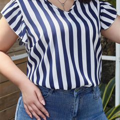 Stripe Print Cap Sleeve V Neck Blouse