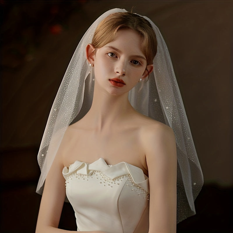 Short Veil With Comb Silver Pearl Bridal Wedding Accessories