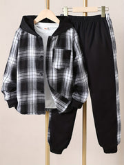 Boys 2pcs Hooded Shirt Top & Sweatpants Plaid Print Kids Clothes