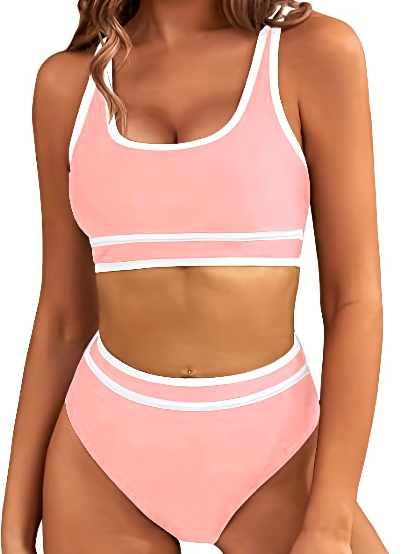 High Waist 2-Piece Bikini Set Contrast Trim Scoop Neck Swimsuit