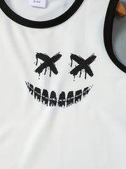 Boys Face Graphic Sleeveless Vest & Shorts Set