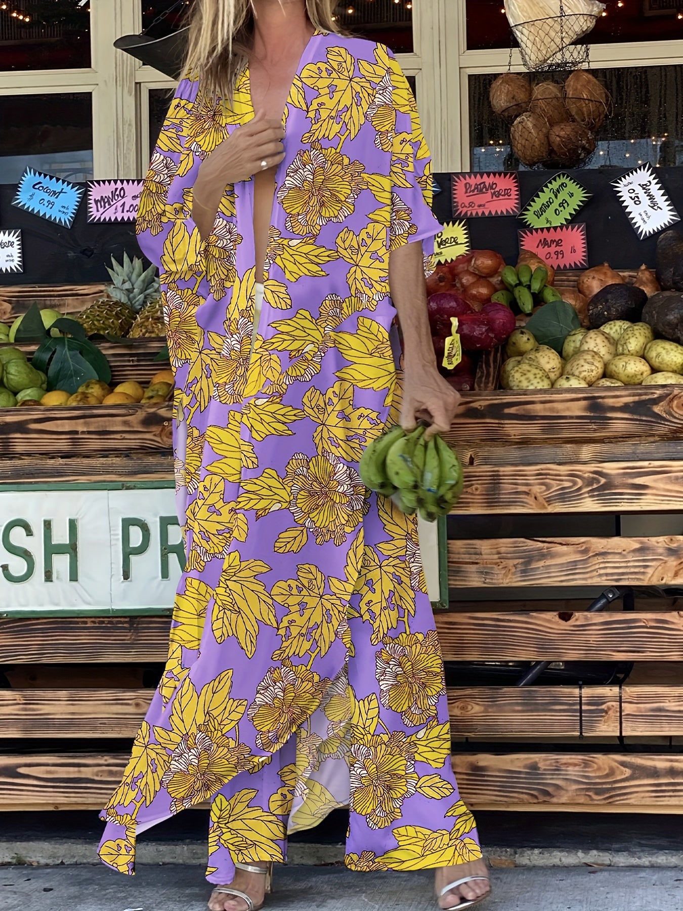 Purple Floral Pattern 2 Pc Swimsuit & Cover Up Set