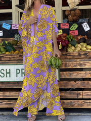 Purple Floral Pattern 2 Pc Swimsuit & Cover Up Set