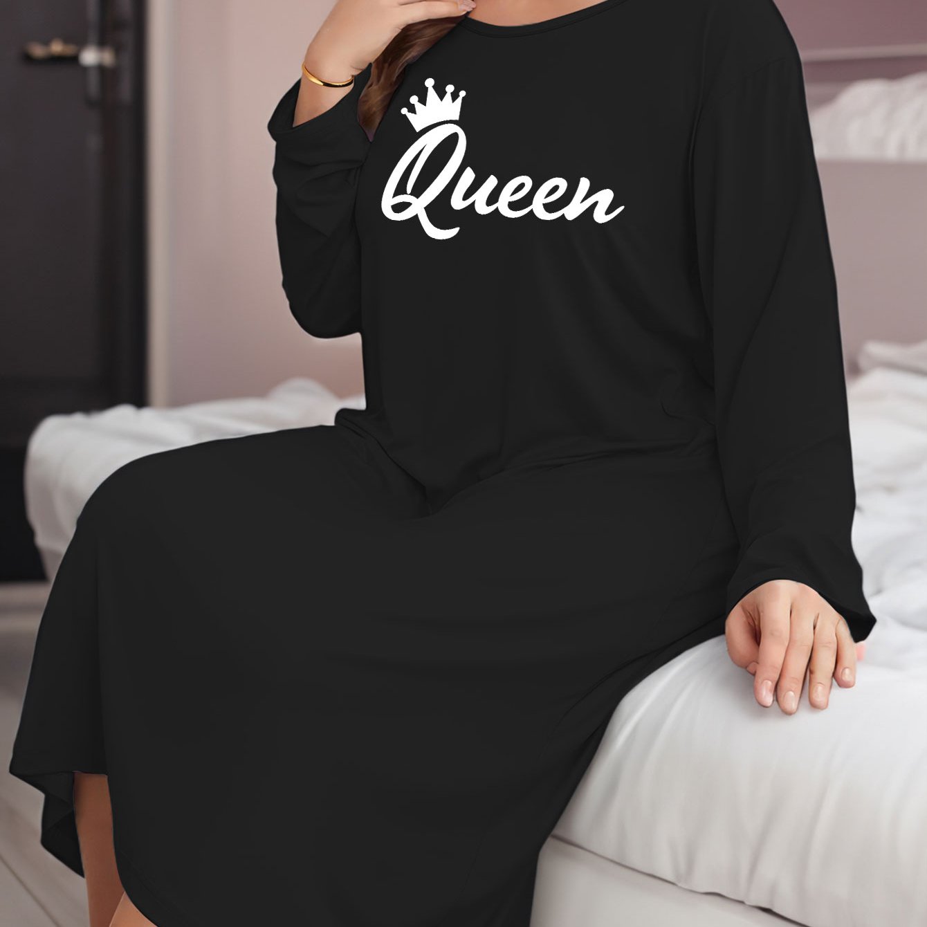 Crown & Letter Print Long Sleeve Tee Sleep Dress