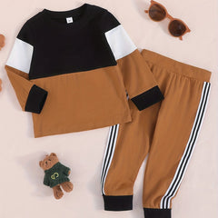 Boys Comfy Casual Suit Contrast Crew Neck Tops & Striped Pants