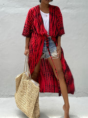 Striped Print Loose Fit Cover Up Shirt Long Sleeve Rash Guard V Neck