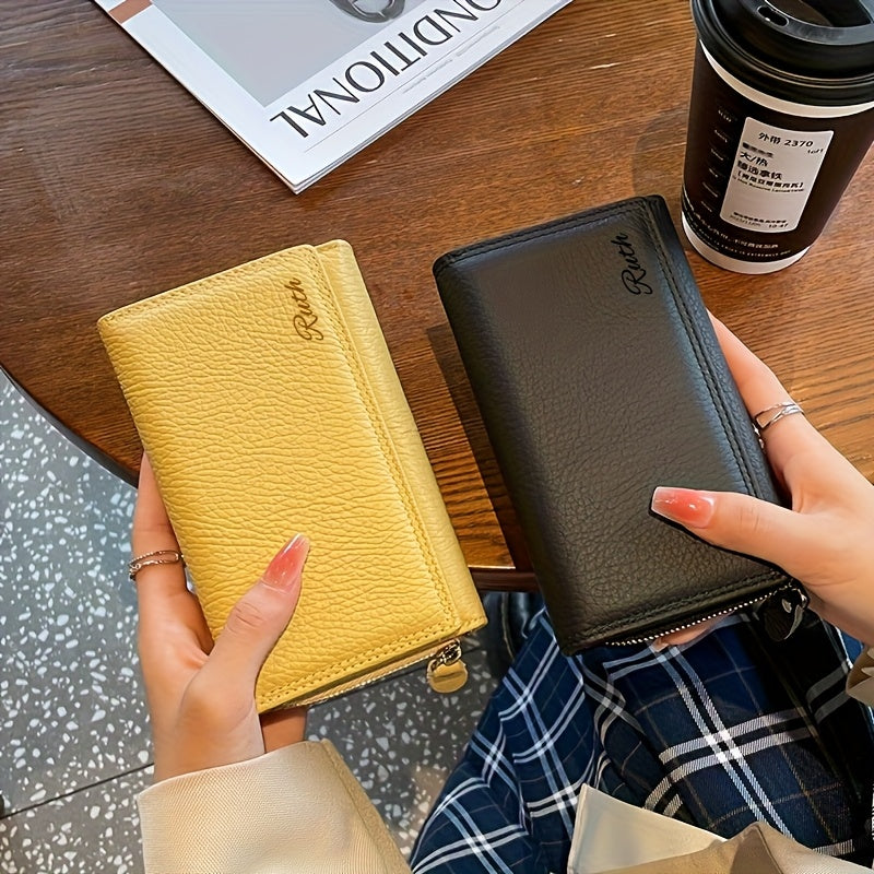 Yellow Leather Women's Wallet with Snap & Zippered Pockets