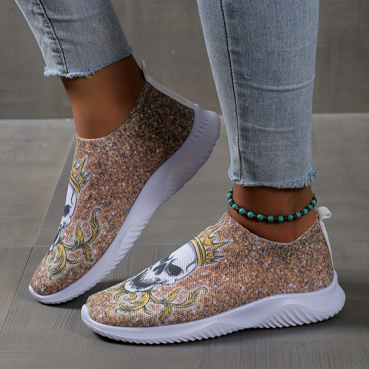 Women's Skull Pattern Sneakers Low Round Toe Non slip Flatform Lightweight Shoes