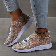 Women's Skull Pattern Sneakers Low Round Toe Non slip Flatform Lightweight Shoes