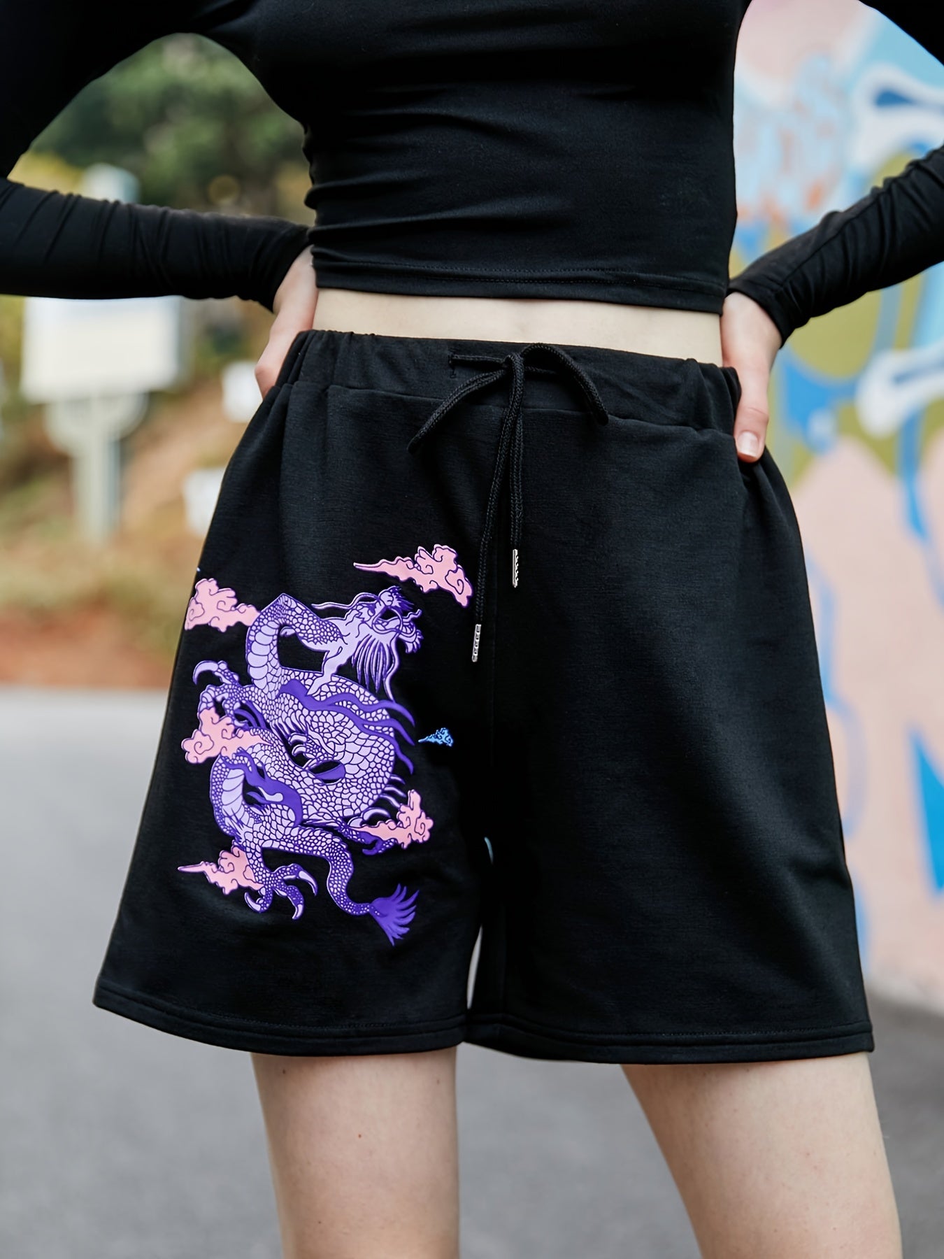 Chinese Dragon Print Drawstring Shorts for Women