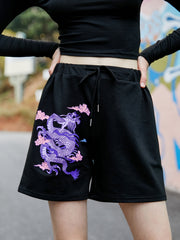 Chinese Dragon Print Drawstring Shorts for Women