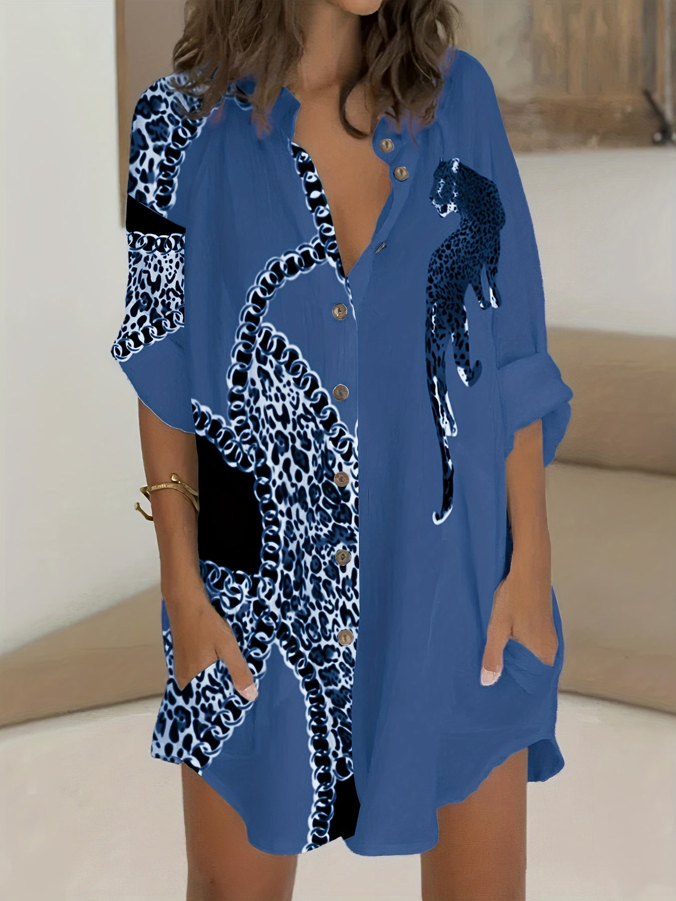 Casual Blouse Women's Plus Chain & Leopard Print Button Up