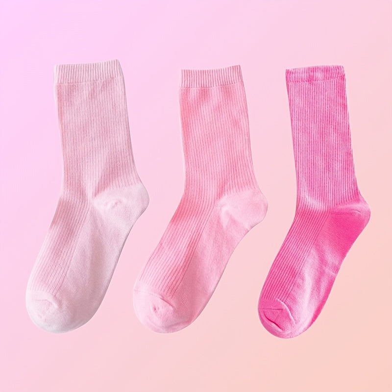 3 Pairs Women's Pink Solid Mid Tube Socks