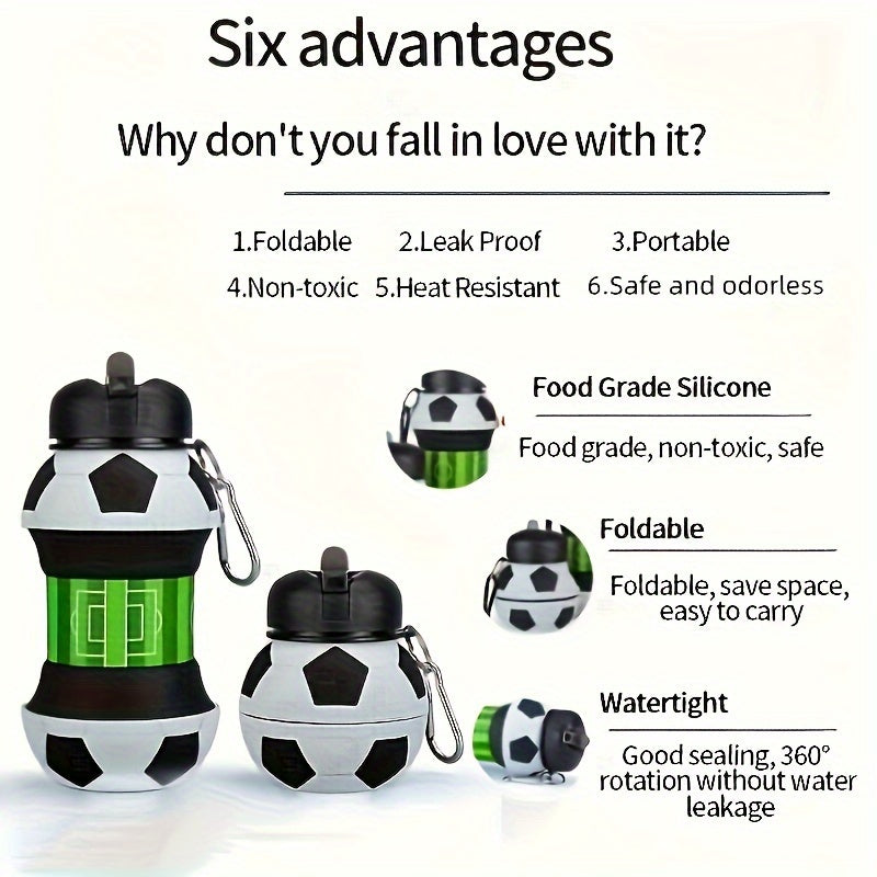 550ml Foldable Football Water Bottle w/ Straw, Leakproof