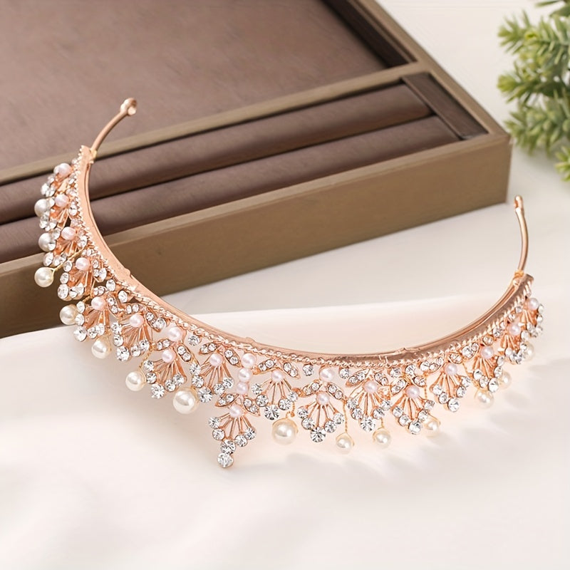 Golden Rhinestone Faux Pearl Wedding Crown Headband Bridal Tiara