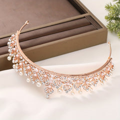 Golden Rhinestone Faux Pearl Wedding Crown Headband Bridal Tiara