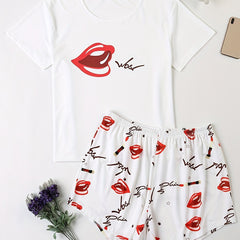 Lip & Letter Print Pajama Set Short Sleeve Top & Shorts