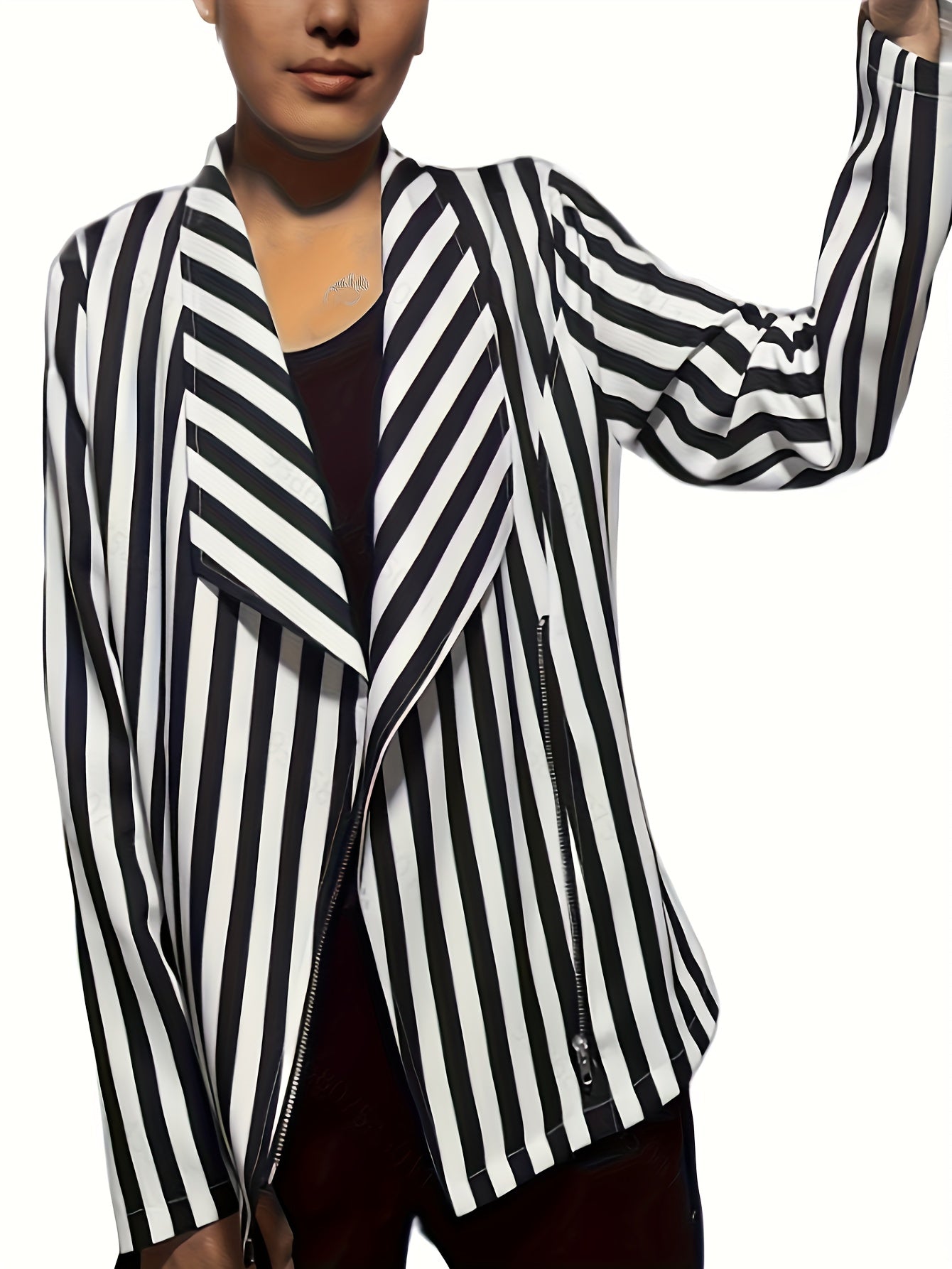 Striped Print Zipper Blazer Long Sleeve